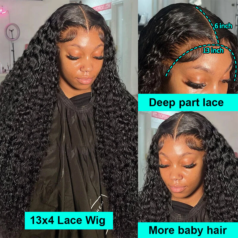 Peruca de cabelo humano remy onda profunda para mulheres negras, perucas dianteiras do laço, peruca de fechamento 13x6 HD, 180% transparente, brasileira, 4x4 HD