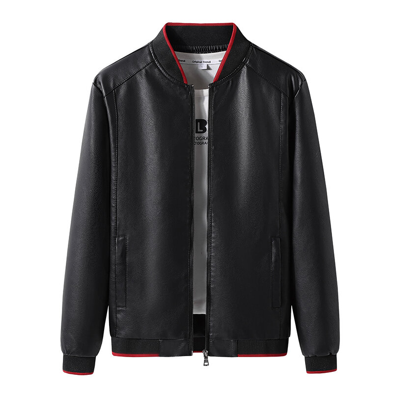 Men's Leather Jacket Casual Fashion Solid Color Stand Collar Baseball uniform Spring and Autumn Motorcycle Windproof PU Coat
