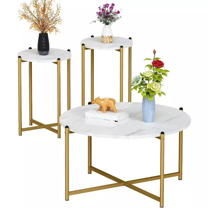 โต๊ะกาแฟทรงกลมทันสมัยและโต๊ะ2ชิ้นโต๊ะหินอ่อนเทียมพร้อมกรอบฐานกางเขนทองคำโต๊ะเฟอร์นิเจอร์ขนาดเล็ก (สีทอง)