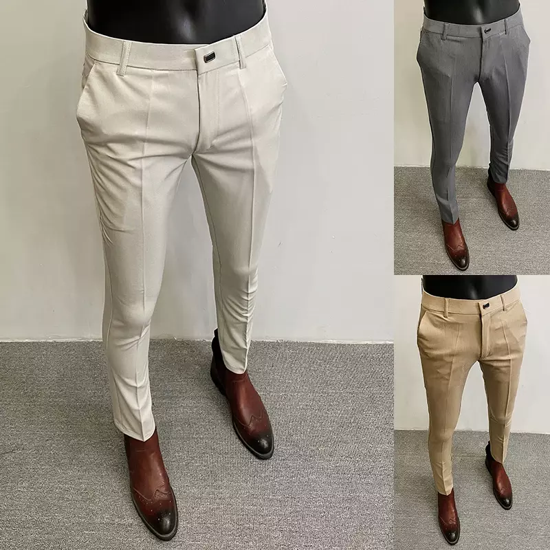 Мужские костюмные брюки, формальные брюки, эластичные облегающие брюки, мужские однотонные повседневные строгие брюки, модная мужская одежда