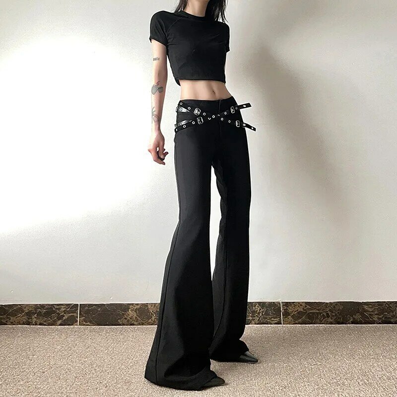 Женские расклешенные брюки Goth Dark, однотонные брюки с высокой талией в стиле Харадзюку, в готическом стиле, ремни в стиле панк, декоративные брюки, повседневные брюки-АЛТ, Techwear