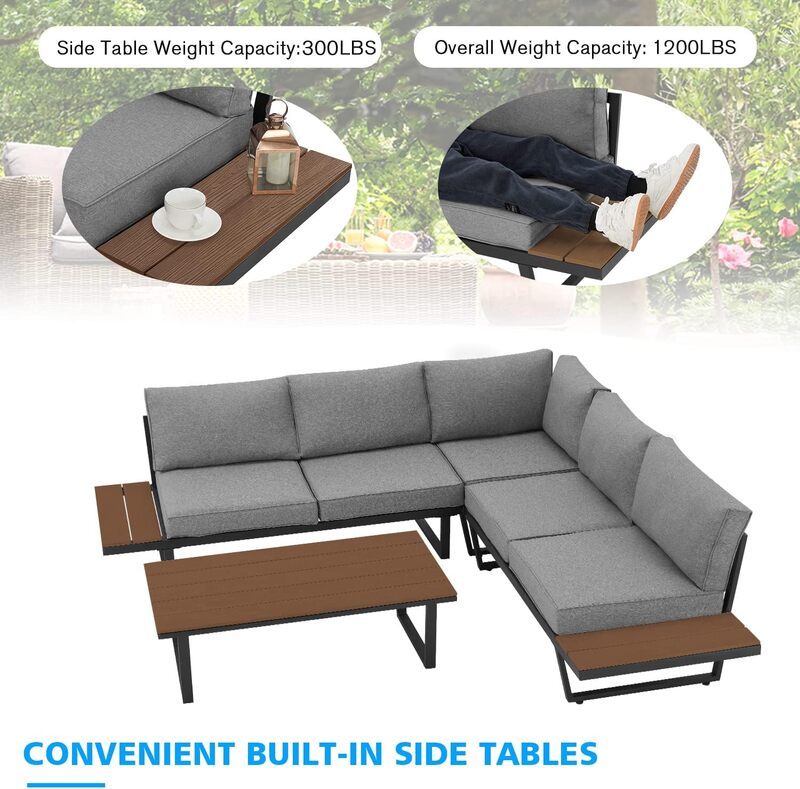 4 Stuks Buiten Sectionele Sofa Set Met Salontafel, 91 ''× 91'' Extra Grote L-Vormige Metalen Conversatieset Met Kussen