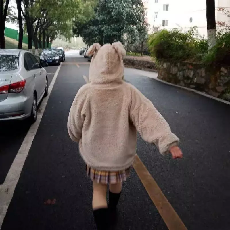 Jacke Damen Reiß verschluss Winter übergroße weiche Harajuku Kawaii Kapuze Hasen ohren Plüsch Kunst kaschmir Mantel plus Samt gepolstert 2021