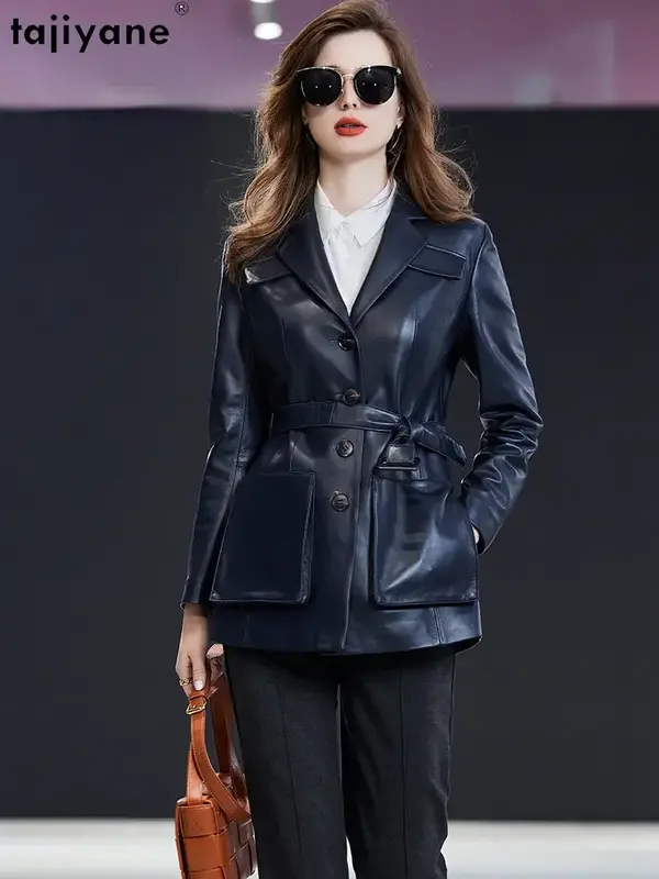 Tajiyane Genuine Sheepskin Leather Jacket Women Mid-length Casual Leather Jackets Real Leather Coat Suit Collar Coats Lace-up