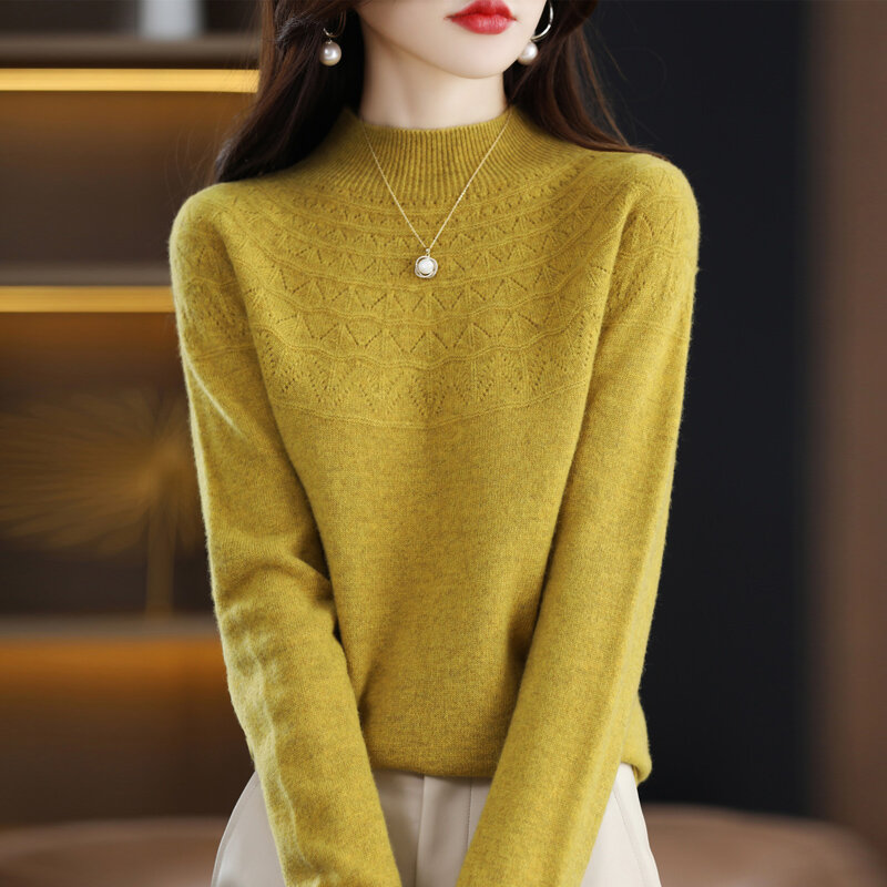 Neuer Kaschmir pullover im Herbst und Winter 100% reine Wolle Damen Semi-High-Necked Strick pullover ausgehöhlt Fashion Top