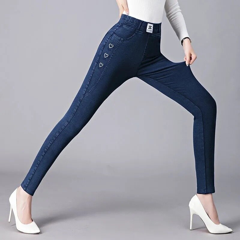 Jeans pensil Skinny pinggang tinggi melar 34 ukuran besar baru 2023 celana Denim panjang sepergelangan kaki celana Denim wanita Korea lambang elegan Vaqueros