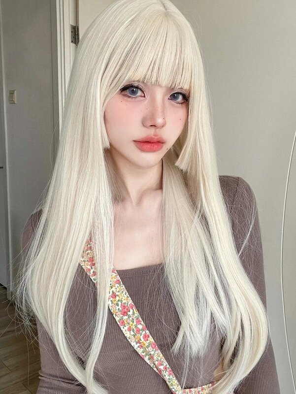 26Inch Blonde Platinum Golden Synthetic Wigs With Bang Long Natural Straight Hair Wig for Women Hime Cut Cosplay Heat Resistant