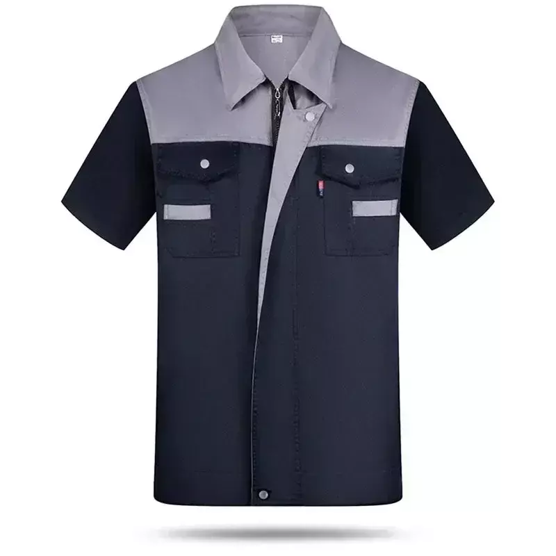 Camisa de manga curta masculina com zíper, jaqueta de trabalho de fábrica, conserto mecânico de roupas de trabalho com bolso