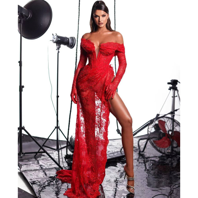 Prom Dresses Lace Sexy Evening Dress Strapless Red Summer Long Prom Gowns Saudi Arabia For Special Occasion Wedding Party Dress