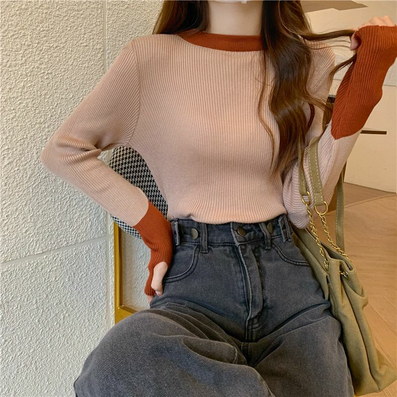 Slim Pullovers for Women Vintage Patchwork Design Autumn Harajuku 5 Colors Sweaters Basics Long Sleeve Casual Simple New Fashion