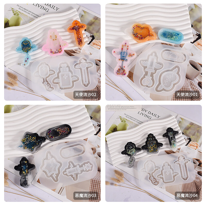DIY Crystal Mirror Epoxy Silicone Mold Demon Angel Quicksand Pendant Keychain Hanging Jewelry Silicone Mold