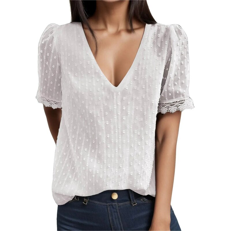 Women's Lace Shirt V-neck Short Sleeved Simplicity Top Retro Elegant Double Layered Waist Blouses Solid Color Loose Shirts