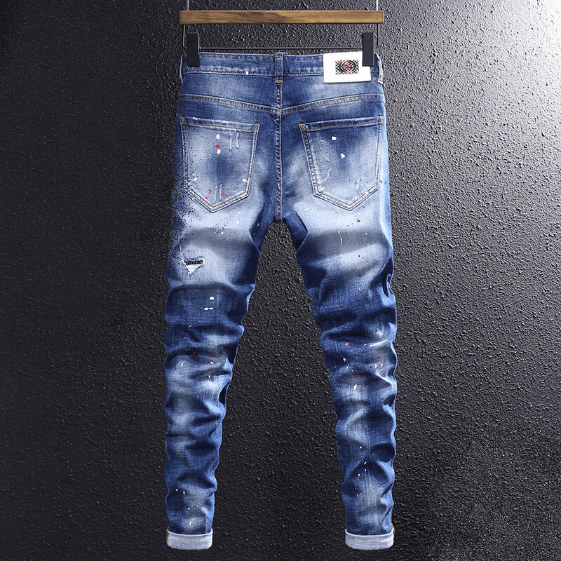 Jeans Pria Fashion Jalanan Jeans Sobek Pas Badan Elastis Retro Biru Ketat Celana Pensil Denim Hip Hop Desainer Lukisan Pria Hombre