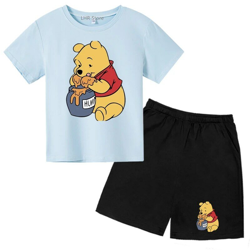 Moda Winnie T-shirts para crianças, gola redonda, manga curta, padrão estampado, tops de algodão para meninos e meninas, verão