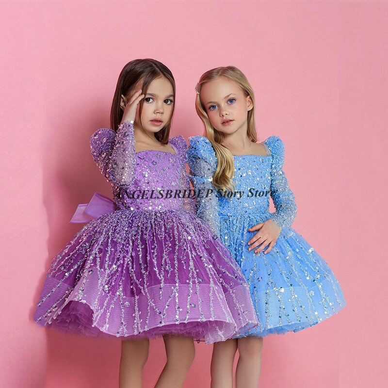 ANGELSBRIDEP Spakrly A Line Sequined Pageant Gowns for Christmas Long Sleeves Bow Back Ball Gowns Tutu Girls Flower Girl Dresses