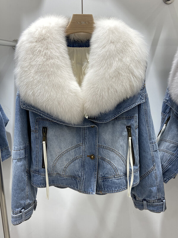 2023 Women Winter Big Fluffy Thick Real Fox Fur Collar Denim Goose Down Jacket Warm Fox Fur Lady's Jean Coats Parka Denim Jacket
