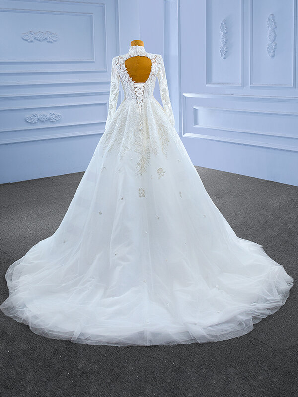 Rsm 67486 alta pescoço rendas aline vestidos de casamento 2022 novo design bridl vestidos de noiva muçulmana