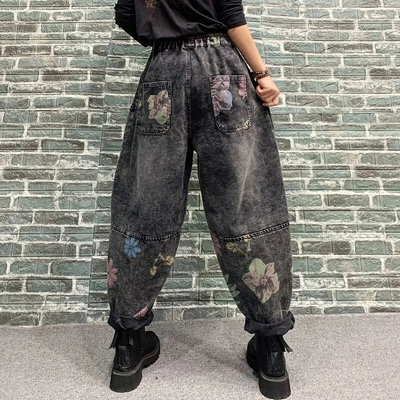 กางเกงยีนส์5XL กางเกงยีนส์สำหรับผู้หญิงกางเกงฮาเร็มย้อนยุค2024ฤดูใบไม้ผลิ/ฤดูร้อนแฟชั่นพิมพ์ลายกางเกงยีนส์ยีนส์เอวยางยืด