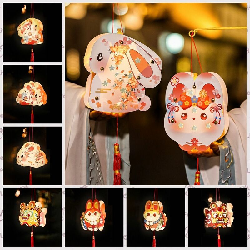 Farol chino de mediados de otoño con forma de conejo, farol Vintage con luz LED para Festival de mediados de otoño