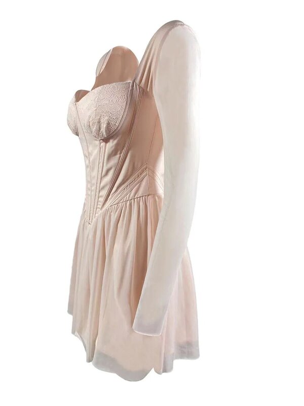 Louatui Women s Summer Corset Dress Low Cut Lace Floral Long Sleeve Backless Slim Mini Dress