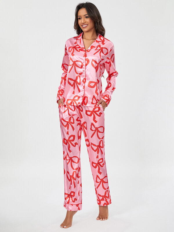 Damska 2-częściowa piżama zestaw z długim rękawem do klapy koszula z guzikami bluzki śliczne spodnie piżama 2 sztuki stroje do salonu