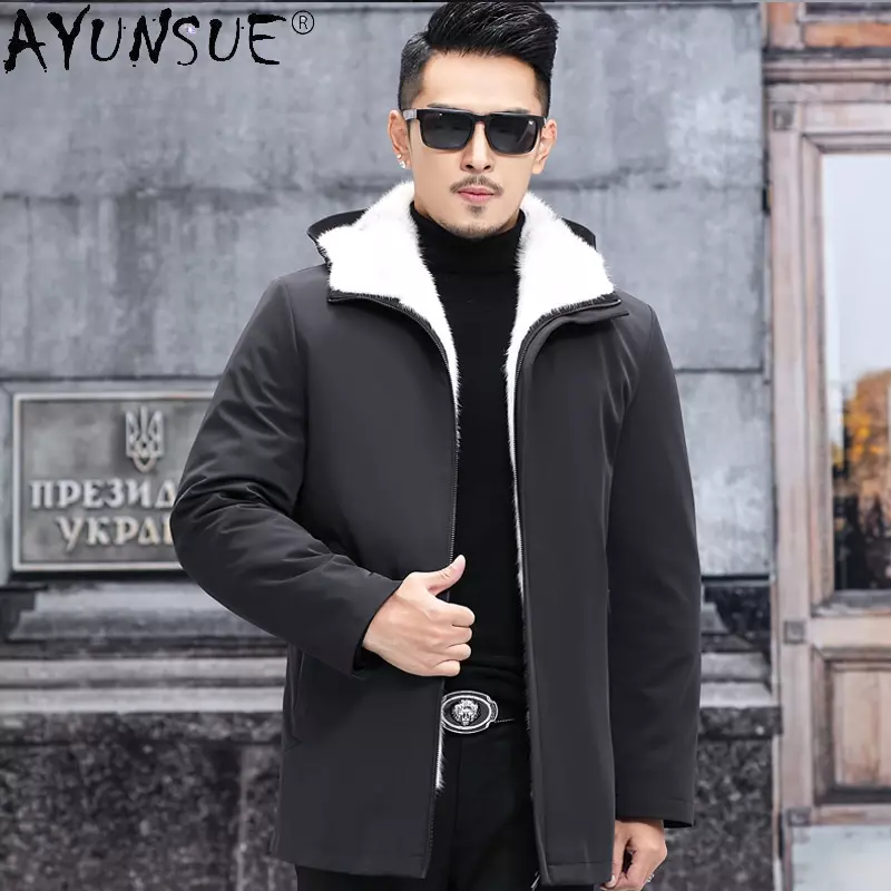 Ayunsue-男性用の本物の毛皮のパーカー,裏地付きのクロスコート,豪華なフード付きジャケット,暖かいパーカー,高品質,冬
