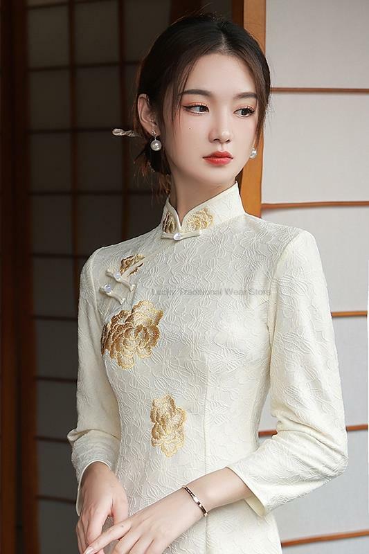 Cheongsam Primavera e Outono das Mulheres 2023 Novo Retro Elegante e Sexy Fenda Vestidos Longos Bordado cheongsam