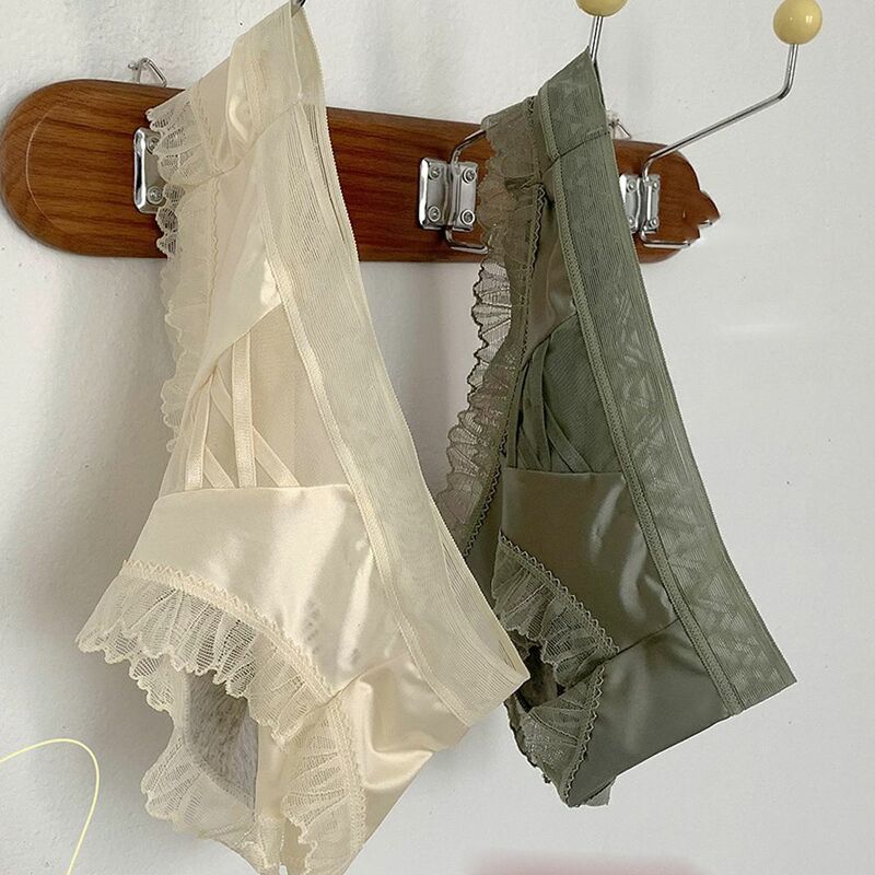 Fashion Breathable Lace Cross Thin Belt Cotton Crotch Middle Waist Lingerie Female Underwear Sexy Satin Panties Lady's Briefs