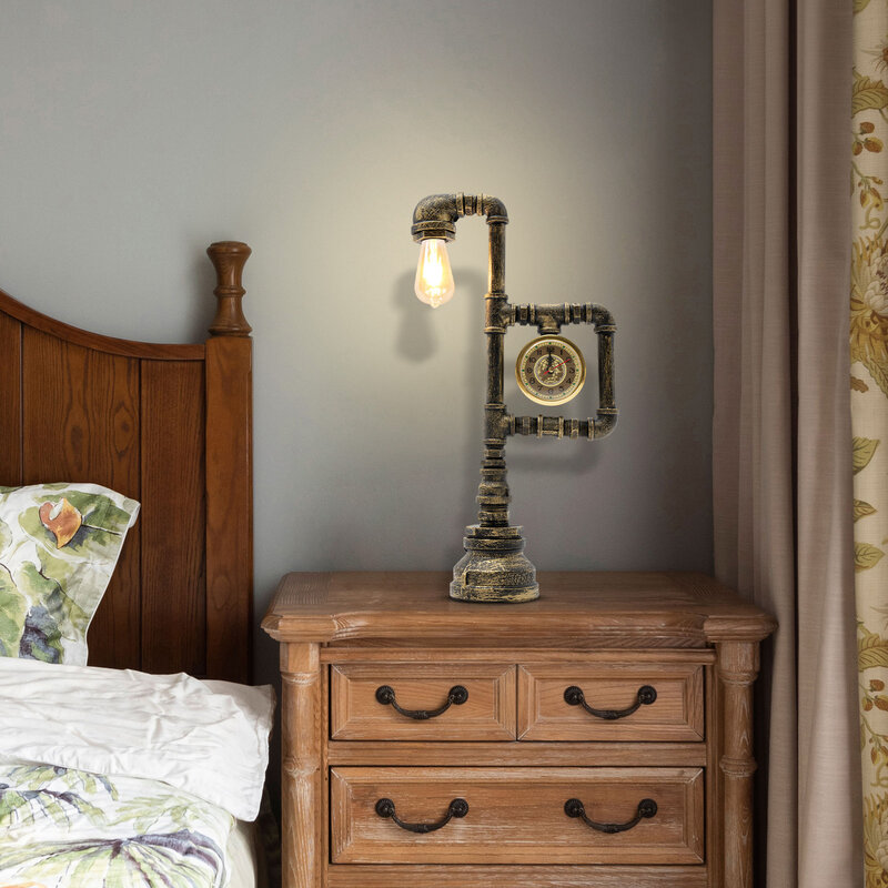 17.5" H Antique Brass Single Light LED Desk Lamp Water Pipe Desk Lamp Vintage Antique Light Retro Table Lamp with Clock Style