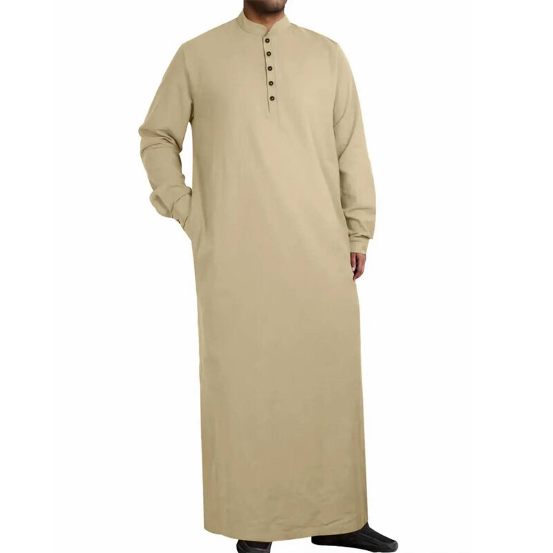 Jubah Muslim pria, baju kerah nyaman berkancing lengan panjang warna Solid kasual longgar