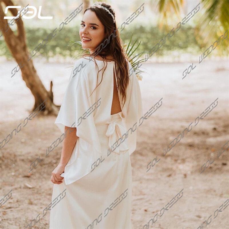 SOL-Robes de mariée en satin à col en V profond pour femmes, mancherons simples, dos sexy, patients trapèze, peu importe, Boho, éducatif