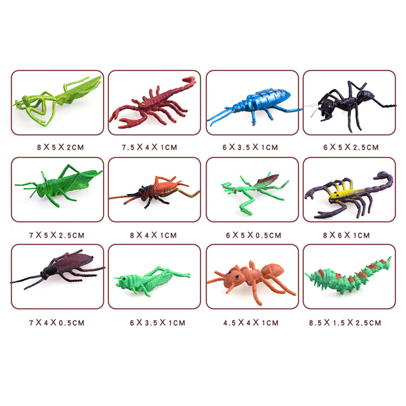 Mini insectes en plastique PVC 12 pièces, modèles d'animaux araignée cafard coccinelle sauterelle libellule fourmi mante jouet éducatif