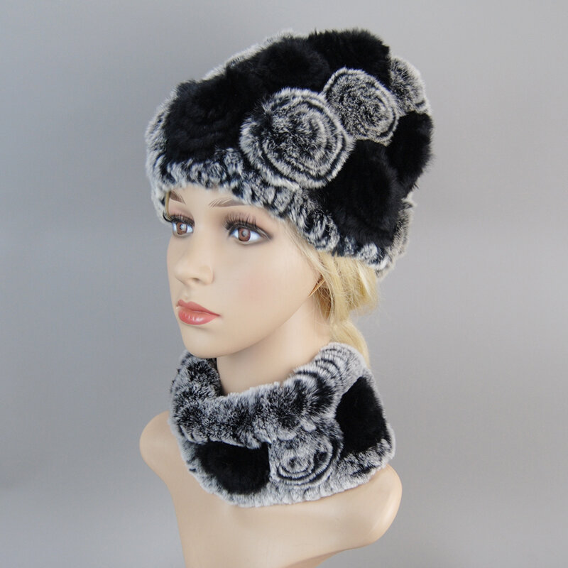Women Winter Warm Real Rex Rabbit Fur Hat Scarves Sets Lady Knit Rex Rabbit Fur Cap Muffler Russia Real Fur Hat Scarf 2 Pieces