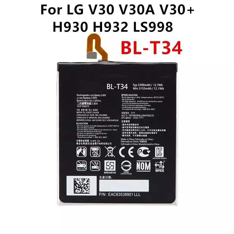 정품 BL-T34 교체 배터리, LG V30 V30A V30 + H930 H932 LS998 T34 BLT34 휴대폰 배터리, 3300mAh