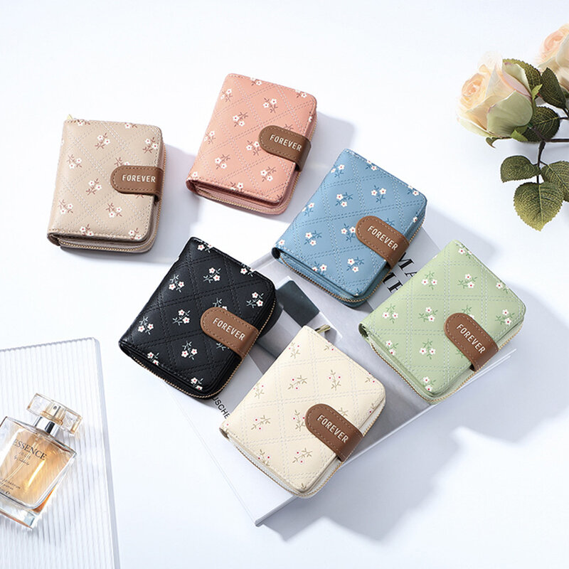 Portfel damska z kwiatowym nadrukiem poliuretanowy portfel na karty moda mała trójdzielna torebka na monety pokrowiec gotówka koreańska minimalistyczna
