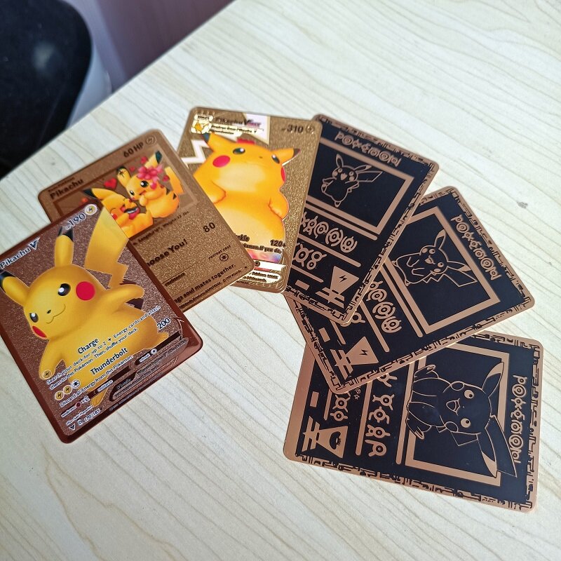 1 pçs pokemon ferro cartões de metal pikachu cosplay estilos diferentes pikachu letras brilhantes jogo pokémon coleção crianças brinquedos presente