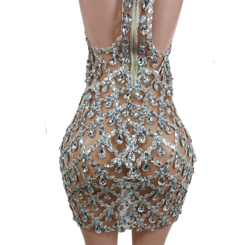 Блестящее короткое платье с блестками для выпускного вечера, Сетчатое прозрачное сексуальное платье с открытой спиной для дня рождения, выпускного вечера, костюм Drag Queen Y2301009