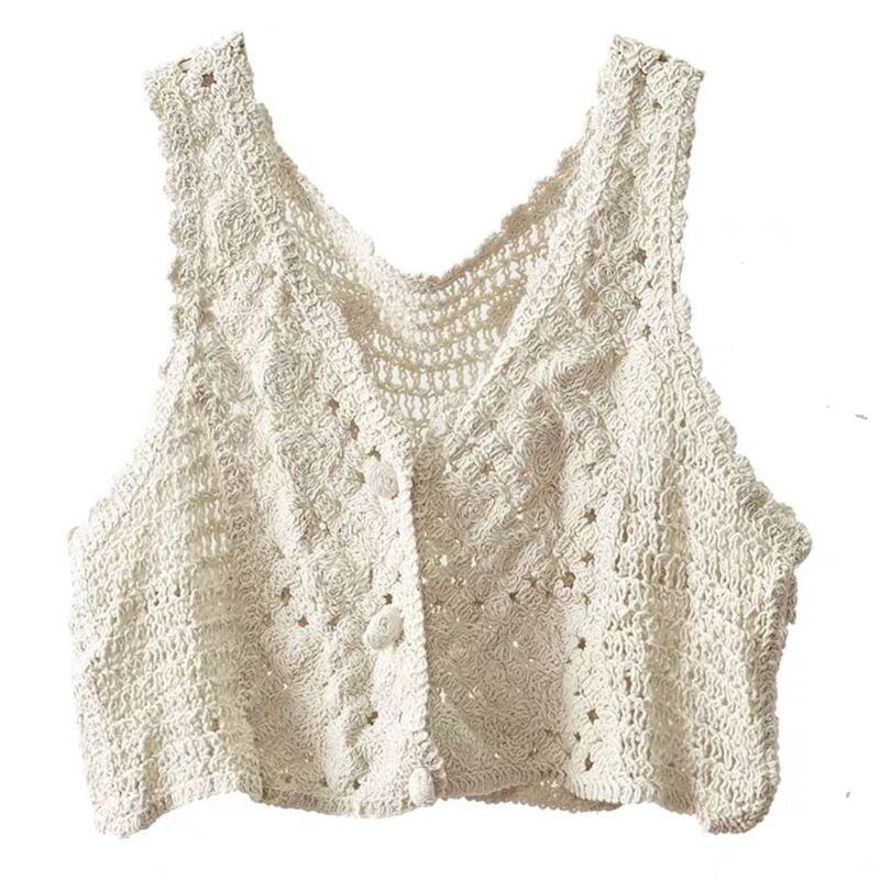 Vintage Hollow Out Vest Crochet Crop Tank Tops Sleeveless Fabric Beach Casual Tops Chic Knitted Buttons Up Cardigans Women