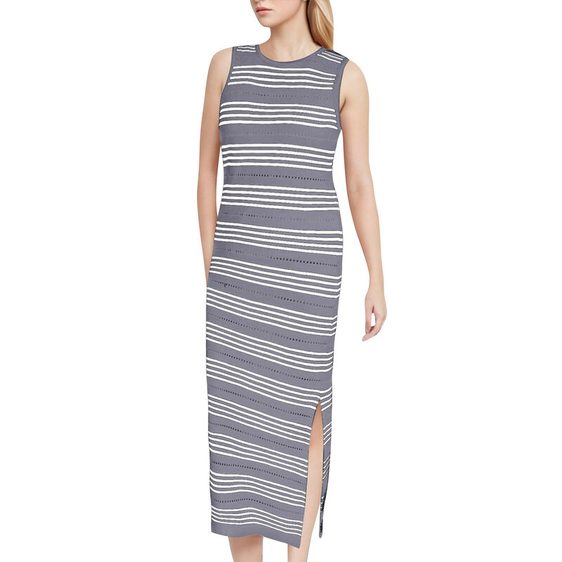 Women'S Midi Dresses Summer New Bodycon Slit Tank Dress Daily Casual Fashion All-Match Long Fitted Dresses Classic Stripe Dress