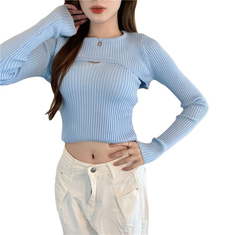 Autumn Women's Casual Sexy Knitted Solid Round Neck Short Strap Tank Top Long Sleeve Cover-ups Slim Fit Two Piece Set