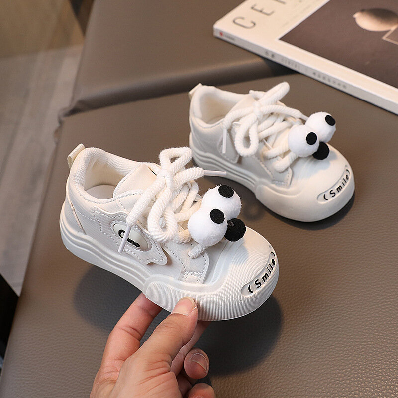 2024 Spring Boys Girls Canvas Shoes Baby Cartoon Big Eyes Flats Children Biscuit Bottom Breathable Casual Shoes Outdoor Sneakers