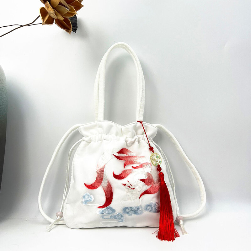 Ancient Chinese Women's Handbag Embroidered Flower Drawstring Bags Tassel Hanfu Handbag Phone Bag Handle Purse Elegant Cosplay