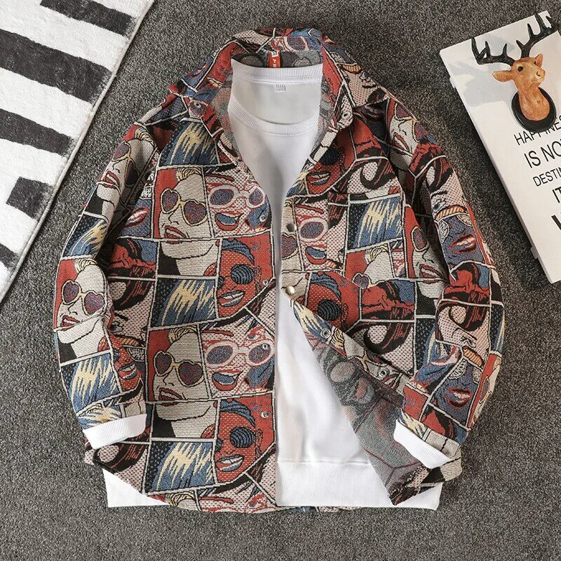 Men's shirt jacket popular autumn color woven jacquard casual lapel trendy and versatile loose fitting tailcoat streetwear y2k