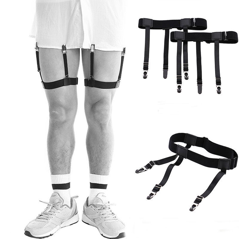 Clip de camisa antideslizante para hombre, para las piernas Tirantes ajustables, Correa Unisex, lazos cómodos para el muslo, color negro, 1 par