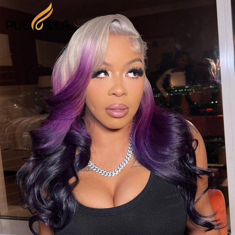 Парик с фиолетовыми волнистыми волосами Омбре 13x6 HD, фронтальный, без клея, из натуральных волос 5x5, для женщин, предварительно выщипанный, с неповрежденными волосами