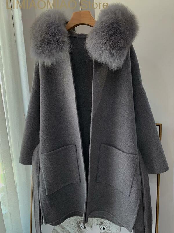 New European luxurious Women real Cashmere fur wool blends coats Real Fox Fur Hooded winter woolen Outerwear Casacos pele