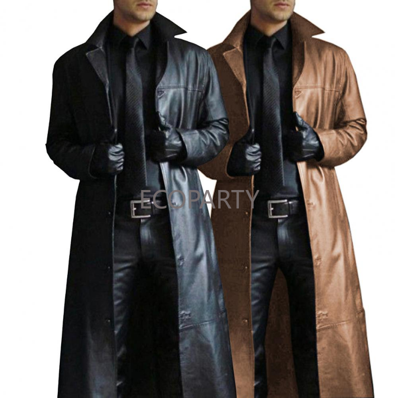 2023 New Men's Leather Jacket Solid Color Single-breasted Autumn and Winter Long-sleeved Lapel Coat Coat Men's Leather Trench