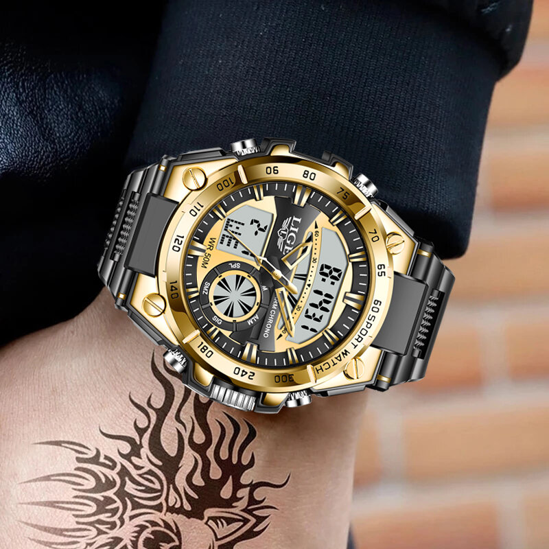 Часы наручные LIGE мужские в стиле милитари, брендовые Роскошные водонепроницаемые спортивные, с двойным дисплеем
