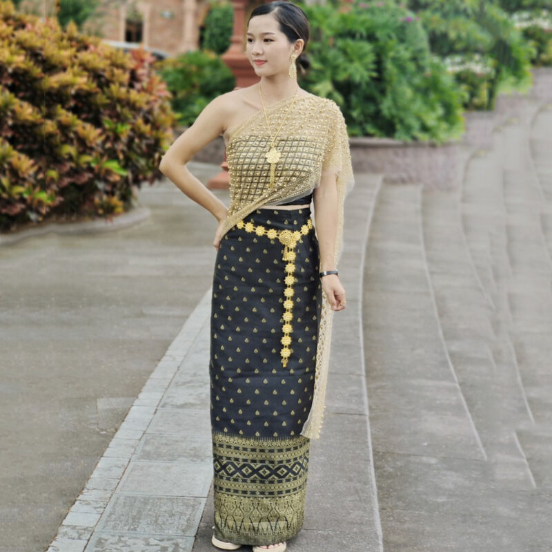 Новинка лета 2023, Женский Топ без бретелек и юбка, комплект из 5 предметов, длинное платье Ao Dai Thai Pha Sin, традиционный вьетнамский