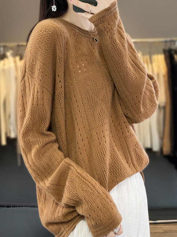 New Chic Women Spring Autumn Sweater Hollow Long Sleeve O-Neck Pullover 100% Merino Wool Knitted Loose Jumper Female Clothing